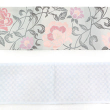 画像をギャラリービューアに読み込む, 《創世舎》 リバーシブル半巾帯 長尺 グレー地に牡丹 花唐草 / 薄水色 小市松 ブルー