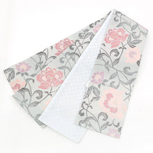 画像をギャラリービューアに読み込む, 《創世舎》 リバーシブル半巾帯 長尺 グレー地に牡丹 花唐草 / 薄水色 小市松 ブルー