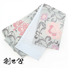 画像をギャラリービューアに読み込む, 《創世舎》 リバーシブル半巾帯 長尺 グレー地に牡丹 花唐草 / 薄水色 小市松 ブルー