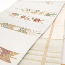 画像をギャラリービューアに読み込む, 《創世舎》 リバーシブル半巾帯 長尺 グレーに矢羽根 小紋ちらし 小梅 紅葉 菊花 / ベージュ 細格子