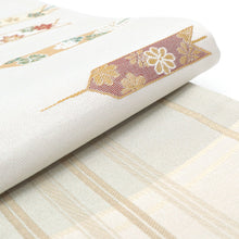 画像をギャラリービューアに読み込む, 《創世舎》 リバーシブル半巾帯 長尺 グレーに矢羽根 小紋ちらし 小梅 紅葉 菊花 / ベージュ 細格子