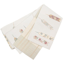 画像をギャラリービューアに読み込む, 《創世舎》 リバーシブル半巾帯 長尺 グレーに矢羽根 小紋ちらし 小梅 紅葉 菊花 / ベージュ 細格子