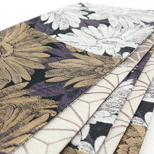 画像をギャラリービューアに読み込む, 《創世舎》 リバーシブル半巾帯 長尺 黒地 マーガレット 小花 切り返し / グレー ブラウン 麻の葉 矢羽根