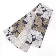 画像をギャラリービューアに読み込む, 《創世舎》 リバーシブル半巾帯 長尺 黒地 マーガレット 小花 切り返し / グレー ブラウン 麻の葉 矢羽根