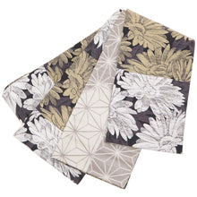 画像をギャラリービューアに読み込む, 《創世舎》 リバーシブル半巾帯 長尺 黒地 マーガレット 小花 切り返し / グレー ブラウン 麻の葉 矢羽根