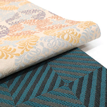 画像をギャラリービューアに読み込む, 《創世舎》 リバーシブル半巾帯 長尺 ベージュ地に花唐草意匠紋 / 黒とターコイズグリーンの斜め格子