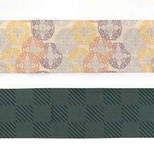 画像をギャラリービューアに読み込む, 《創世舎》 リバーシブル半巾帯 長尺 ベージュ地に花唐草意匠紋 / 黒とターコイズグリーンの斜め格子