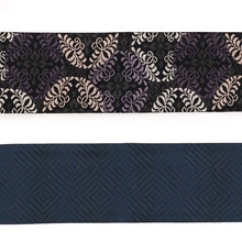 画像をギャラリービューアに読み込む, 《創世舎》 リバーシブル半巾帯 長尺 東レシルック素材 黒地 洋風変わり縞 アラベスク ブラック / 黒地 パープル 細縞