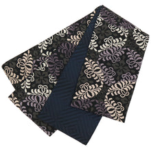 画像をギャラリービューアに読み込む, 《創世舎》 リバーシブル半巾帯 長尺 東レシルック素材 黒地 洋風変わり縞 アラベスク ブラック / 黒地 パープル 細縞