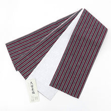 画像をギャラリービューアに読み込む, 半幅帯 エンジ コットン 木綿 久留米織 三筋縞 エンジ × 掠り縞 ホワイト リバーシブル半巾帯