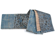 画像をギャラリービューアに読み込む, 半幅帯 正絹《ギャラリー凛》古渡更紗 ブルー 青地に刺し子刺繍/薄茶に縞 リバーシブル半巾帯