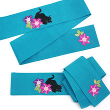画像をギャラリービューアに読み込む, 半巾帯 《撫松庵》夏 羅 絽 刺繍 猫と鉄線(ターコイズ)