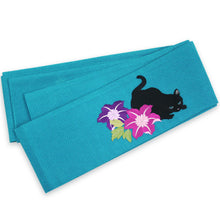 画像をギャラリービューアに読み込む, 半巾帯 《撫松庵》夏 羅 絽 刺繍 猫と鉄線(ターコイズ)