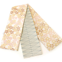 画像をギャラリービューアに読み込む, 《創世舎》 リバーシブル半巾帯 長尺 東レシルック素材 薄ベージュ地に桜づくし/サンドベージュに幾何学