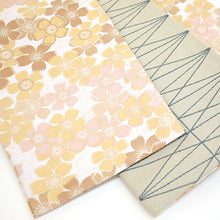 画像をギャラリービューアに読み込む, 《創世舎》 リバーシブル半巾帯 長尺 東レシルック素材 薄ベージュ地に桜づくし/サンドベージュに幾何学