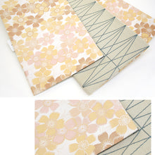 画像をギャラリービューアに読み込む, 《創世舎》 リバーシブル半巾帯 長尺 東レシルック素材 薄ベージュ地に桜づくし/サンドベージュに幾何学