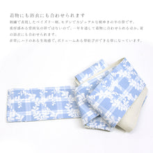 画像をギャラリービューアに読み込む, 半巾帯 《市田ひろみ》ブルー チェック 唐草 レース × アイボリー ピンストライプ