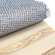 画像をギャラリービューアに読み込む, 《創世舎》 リバーシブル半巾帯 長尺 東レシルック素材 ベージュ地に名物裂風縞/黒鹿の子