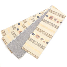 画像をギャラリービューアに読み込む, 《創世舎》 リバーシブル半巾帯 長尺 東レシルック素材 ベージュ地に名物裂風縞/黒鹿の子