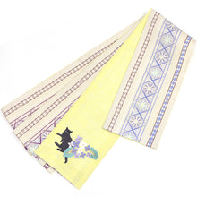 画像をギャラリービューアに読み込む, 半巾帯 《WAKKA》 麻 刺繍帯 切子模様×イエローにあじさい猫(イエロー)