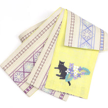 画像をギャラリービューアに読み込む, 半巾帯 《WAKKA》 麻 刺繍帯 切子模様×イエローにあじさい猫(イエロー)