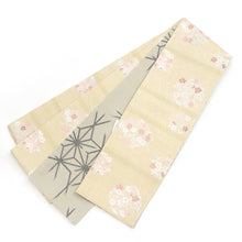 画像をギャラリービューアに読み込む, 《創世舎》 リバーシブル半巾帯 長尺 東レシルック素材 ベージュ地に紗綾型 梅桜 花環/ベージュに破れ麻の葉