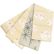 画像をギャラリービューアに読み込む, 《創世舎》 リバーシブル半巾帯 長尺 東レシルック素材 ベージュ地に紗綾型 梅桜 花環/ベージュに破れ麻の葉