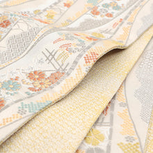 画像をギャラリービューアに読み込む, 《創世舎》 リバーシブル半巾帯 長尺 東レシルック素材 ベージュ地に吉祥文様よろけ縞/クリームに鹿の子