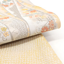 画像をギャラリービューアに読み込む, 《創世舎》 リバーシブル半巾帯 長尺 東レシルック素材 ベージュ地に吉祥文様よろけ縞/クリームに鹿の子