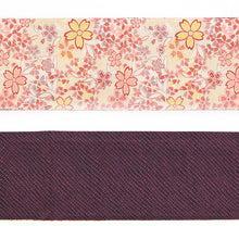 画像をギャラリービューアに読み込む, 《創世舎》 リバーシブル半巾帯 長尺 東レシルック素材 ベージュ地に桜花ちらし レッド / 黒地に紫鹿の子