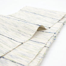画像をギャラリービューアに読み込む, 半巾帯 長尺 伝統工芸士 斎藤俊弘 裂織 山形紅花染 紅繭 ホワイトに絣縞 ブルー グリーン