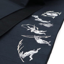 画像をギャラリービューアに読み込む, 《撫松庵》半幅帯 レディース リバーシブル半巾帯 浴衣 着物 紺 猫獣戯画 ニャンジュウギガ 刺繍 細帯 ネイビー × 黒