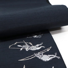 画像をギャラリービューアに読み込む, 《撫松庵》半幅帯 レディース リバーシブル半巾帯 浴衣 着物 紺 猫獣戯画 ニャンジュウギガ 刺繍 細帯 ネイビー × 黒