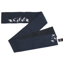 画像をギャラリービューアに読み込む, 《撫松庵》半幅帯 レディース リバーシブル半巾帯 浴衣 着物 紺 猫獣戯画 ニャンジュウギガ 刺繍 細帯 ネイビー × 黒