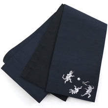 画像をギャラリービューアに読み込む, 《撫松庵》半幅帯 レディース リバーシブル半巾帯 浴衣 着物 紺 猫獣戯画 ニャンジュウギガ 刺繍 細帯 ネイビー × 黒