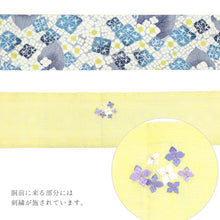 画像をギャラリービューアに読み込む, 半巾帯 《WAKKA》麻 刺繍帯 彩アジサイ × レモンイエローにあじさい猫 あじさいつなぎ ( イエロー )