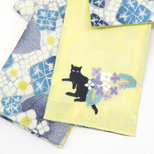 画像をギャラリービューアに読み込む, 半巾帯 《WAKKA》麻 刺繍帯 彩アジサイ × レモンイエローにあじさい猫 あじさいつなぎ ( イエロー )