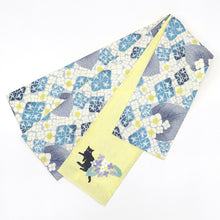 画像をギャラリービューアに読み込む, 半巾帯 《WAKKA》麻 刺繍帯 彩アジサイ × レモンイエローにあじさい猫 あじさいつなぎ ( イエロー )