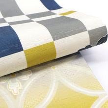 画像をギャラリービューアに読み込む, 半巾帯 《WAKKA》 リバーシブル レトロモダン 市松に大輪菊花 紫 イエローぼかし 菊菱七宝七宝 菊市松(紫菊)