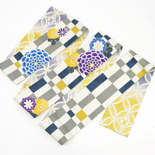 画像をギャラリービューアに読み込む, 半巾帯 《WAKKA》 リバーシブル レトロモダン 市松に大輪菊花 紫 イエローぼかし 菊菱七宝七宝 菊市松(紫菊)