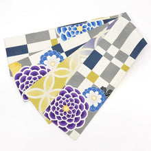 画像をギャラリービューアに読み込む, 半巾帯 《WAKKA》 リバーシブル レトロモダン 市松に大輪菊花 紫 イエローぼかし 菊菱七宝七宝 菊市松(紫菊)
