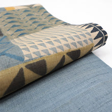 画像をギャラリービューアに読み込む, 《ギャラリー凛》木版更紗 タッサーシルク 幾何学 切継小紋 ブルー ベージュ / くすみブルー無地 リバーシブル半巾帯