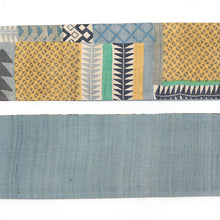 画像をギャラリービューアに読み込む, 《ギャラリー凛》木版更紗 タッサーシルク 幾何学 切継小紋 ブルー ベージュ / くすみブルー無地 リバーシブル半巾帯