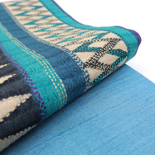 画像をギャラリービューアに読み込む, 《ギャラリー凛》カンタ刺子 タッサーシルク ターコイズグリーンとパープルのシェブロン ボーダー / スカイブルー無地 リバーシブル半巾帯