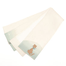 画像をギャラリービューアに読み込む, 半巾帯 《おび工房》 手織 正絹 日本製 ベージュ無地におすわり猫 ベージュ グリーンぼかし細帯