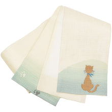 画像をギャラリービューアに読み込む, 半巾帯 《おび工房》 手織 正絹 日本製 ベージュ無地におすわり猫 ベージュ グリーンぼかし細帯