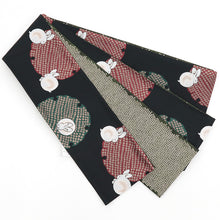 画像をギャラリービューアに読み込む, 《創世舎》 リバーシブル半巾帯 長尺 東レシルック素材 黒地 雪輪に丸うさぎ ブラック / 深緑 鹿の子 グリーン