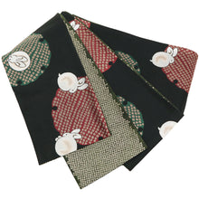 画像をギャラリービューアに読み込む, 《創世舎》 リバーシブル半巾帯 長尺 東レシルック素材 黒地 雪輪に丸うさぎ ブラック / 深緑 鹿の子 グリーン