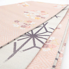 画像をギャラリービューアに読み込む, 《創世舎》 リバーシブル半巾帯 長尺 東レシルック素材 ピンク 紗綾型 梅花 花環/ ベージュ 破れ 麻の葉