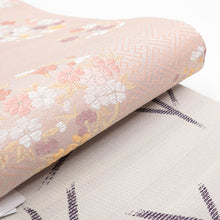 画像をギャラリービューアに読み込む, 《創世舎》 リバーシブル半巾帯 長尺 東レシルック素材 ピンク 紗綾型 梅花 花環/ ベージュ 破れ 麻の葉